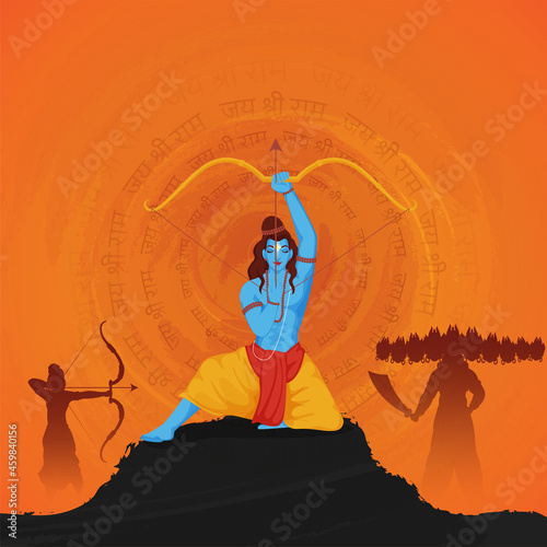 Murais de parede Hindu Mythology Lord Rama Fighting Between Ravana On Orange Jay Shri Rama Hindi Text Pattern Background