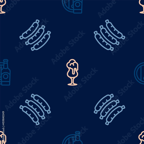 Set line Beer bottle and wooden barrel, Sausage and Glass of beer on seamless pattern. Vector