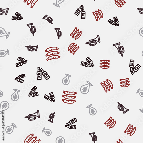 Set line Beer bottle, Trumpet, Wheat and Sausage on seamless pattern. Vector