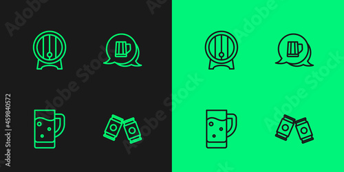 Set line Beer can, Glass of beer, Wooden barrel on rack and mug icon. Vector