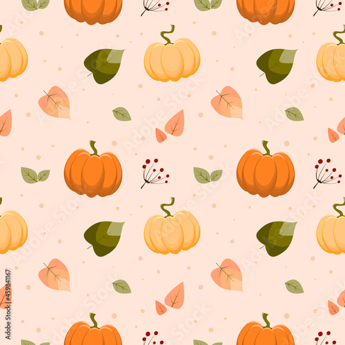 Seamless pumpkin pattern with autumn colorful pumpkins, leaves and berry. Vector illustration of seasonal fall background in flat style.