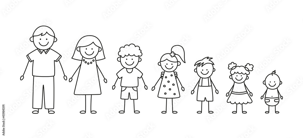 Happy doodle stick mans family. Set of hand drawn figure of family. Mother, father and kids. Vector illustration isolated in doodle style on white background.