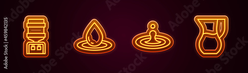 Set line Water cooler, drop, and Jug glass with water. Glowing neon icon. Vector
