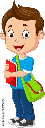 Cartoon happy boy with book and backpack