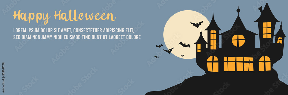 Happy Halloween greeting card. Bat, moon and castle vector illustration and text