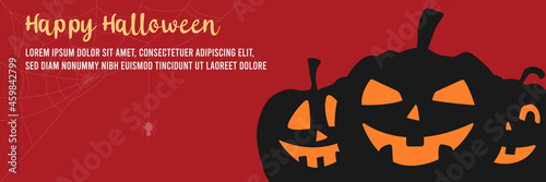 Happy Halloween greeting card. Black vector pumpkin smile and spider web illustration with text