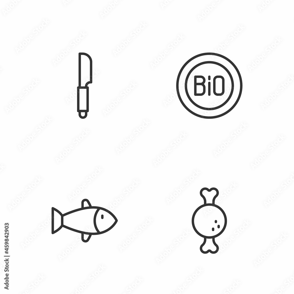 Set line Chicken leg, Fish, Knife and Banner for bio icon. Vector Set line Chicken leg, Fish, Knife and Banner for bio icon. Vector