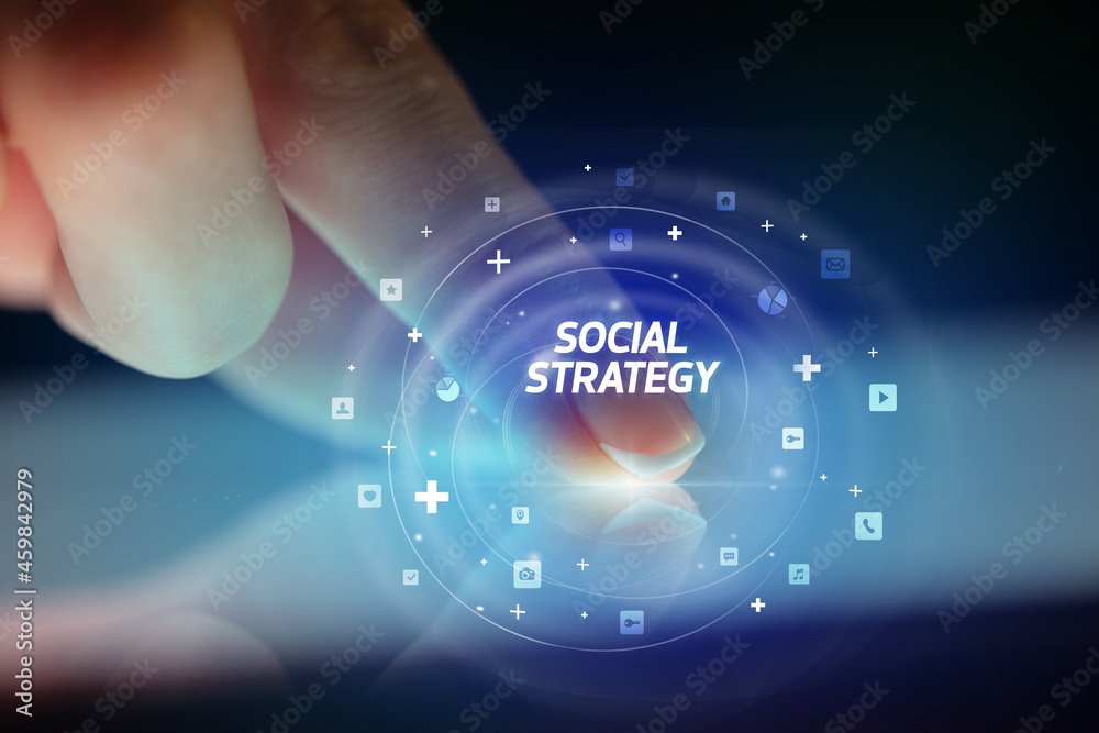 Finger touching tablet with social media icons concept Finger touching tablet with social media icons concept