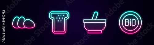 Set line Chicken egg, Bread toast, Mortar and pestle and Banner for bio. Glowing neon icon. Vector