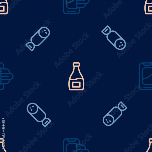 Set line Food ordering on mobile, Salami sausage and Sauce bottle on seamless pattern. Vector
