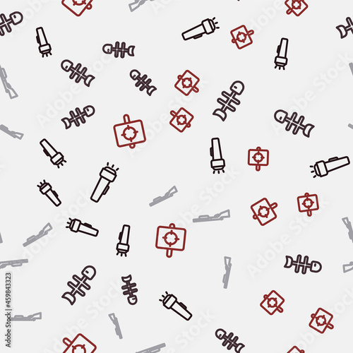 Set line Flashlight, Dead fish, Hunting gun and Target sport on seamless pattern. Vector