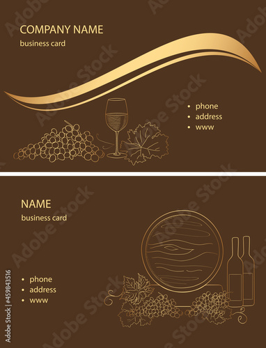 brown and gold business cards with grape and wine glass and wine barrel - vector sample