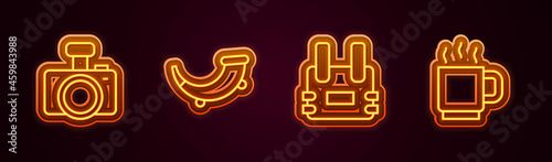 Set line Photo camera, Hunting horn, Bulletproof vest and Coffee cup. Glowing neon icon. Vector
