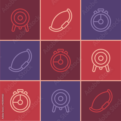 Set line Target sport, Stopwatch and Medieval bow icon. Vector