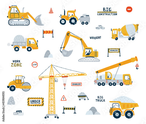 Set construction vehicle isolated on white background. Illustration with yellow cars dump truck, building crane, road roller. Kids cars for design of children's rooms, clothing, textiles. Vector