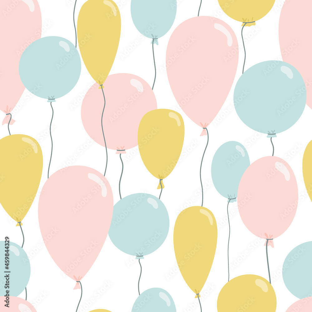 Cute seamless pattern with blue, yellow and pink balloons. Illustration of holiday in flat style for wallpaper, textiles, fabric. Vector