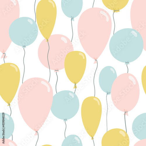 Cute seamless pattern with blue, yellow and pink balloons. Illustration of holiday in flat style for wallpaper, textiles, fabric. Vector