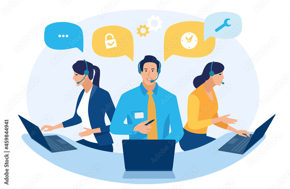 Call center. Customer service, hotline operators with headsets. Online technical support 24 h, Vector illustration.
Call center. Customer service, hotline operators with headsets. Online technical support 24 h, Vector illustration.