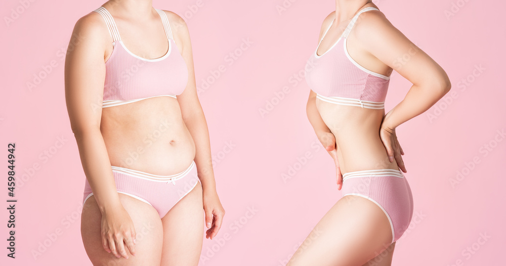 Woman's body before and after weight loss on pink background Woman's body before and after weight loss on pink background
