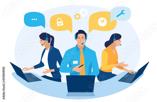 Call center. Customer service, hotline operators with headsets. Online technical support 24 h, Vector illustration.
