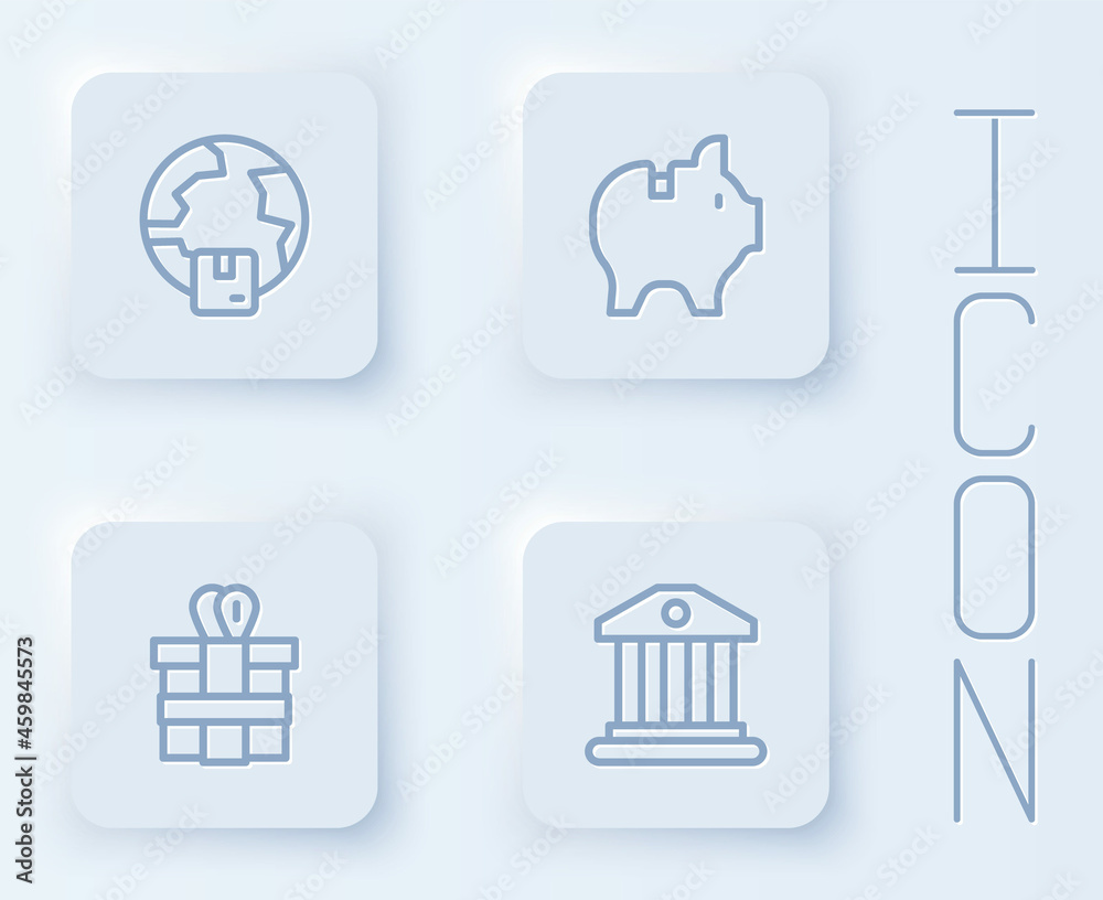 Set line Worldwide shipping, Piggy bank, Gift box and Bank building. White square button. Vector Set line Worldwide shipping, Piggy bank, Gift box and Bank building. White square button. Vector