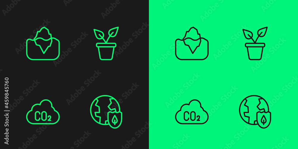 Set line Earth with shield, CO2 emissions in cloud, Iceberg and Plant pot icon. Vector Set line Earth with shield, CO2 emissions in cloud, Iceberg and Plant pot icon. Vector