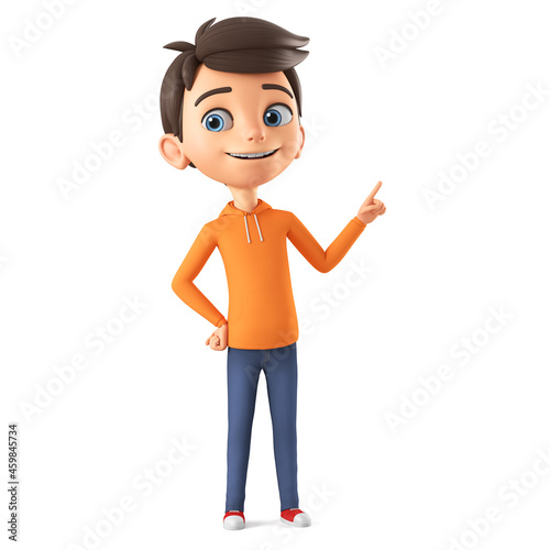 Cartoon boy character in an orange sweatshirt points his finger at an empty spot. 3d render illustration.