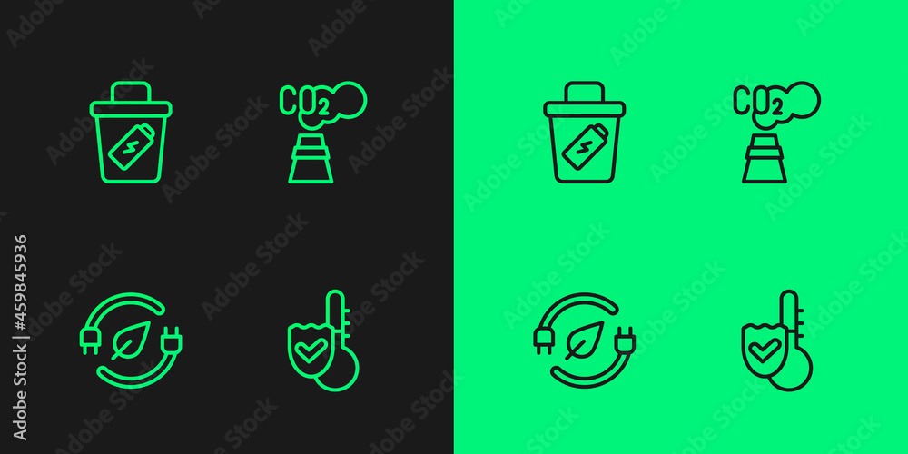 Set line Thermometer, Electric saving plug in leaf, Trash can and CO2 emissions cloud icon. Vector Set line Thermometer, Electric saving plug in leaf, Trash can and CO2 emissions cloud icon. Vector