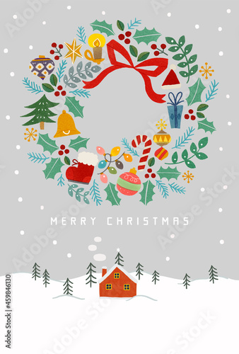 雪化粧の山と赤いお家とクリスマスリースのイラスト