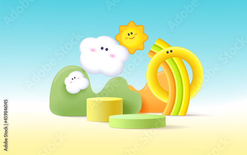 3d product podium, pastel color background, clouds, sun and weather with empty space for kids or baby product.