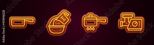 Set line Frying pan, Measuring cup and bowl, Cooking pot on fire and Kitchen meat grinder. Glowing neon icon. Vector