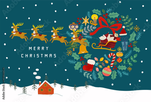 雪化粧の山と赤いお家とサンタクロースとトナカイとクリスマスリースのイラスト