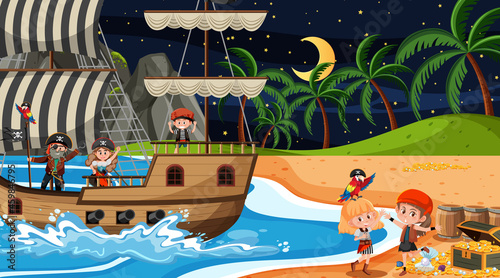 Treasure Island scene at night with Pirate kids on the ship