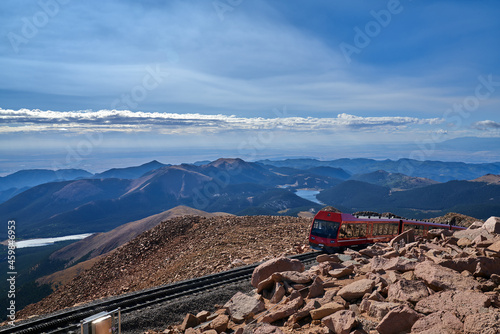 Scenic view of Pikes Peak Summit National Forest Park; Broadmoor Manitou and Pikes Peak Cog Railway photo
