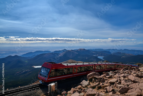  Broadmoor Manitou and Pikes Peak Cog Railway train coming up the mountain at Pikes Peak National Forest Park, Colorado Springs.