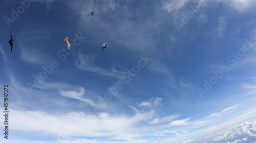 Skydiving. Freefly jump. A skydive team is in the sky.