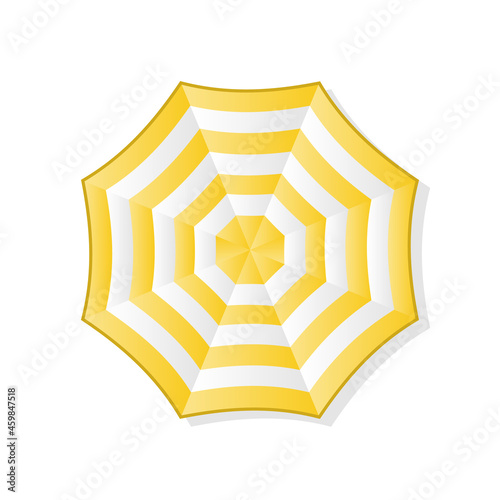 Top view beach umbrella icon. Yellow with white beach umbrella isolated on white background. Vector, cartoon illustration. Vector.
