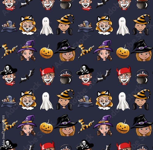 Seamless pattern with Halloween witch costume. Kids in Halloween hats. Children ready for party. Trick or treat. Pumpkin, sweets, ghost, socks, poison. Blue background.