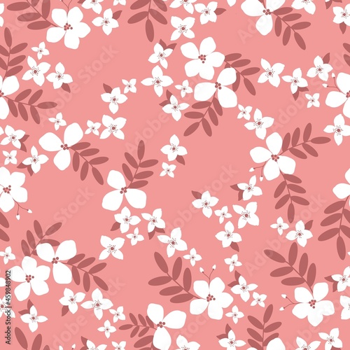 Seamless vintage pattern. wonderful white flowers, dark pink leaves on a pink background. vector texture. trend print for textiles and wallpaper. 