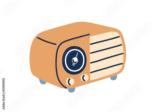 Retro radio receiver in 50s and 60s style. Old-school music station with loudspeaker. Small vintage audio equipment. 1960s technology. Flat vector illustration isolated on white background