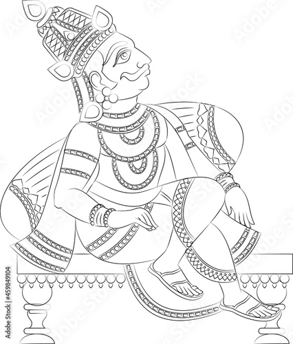 King is drawn in Indian folk art style, Kalamkari. can be used for a coloring book, textile/ fabric prints, phone case, greeting card. logo, calendar. photo