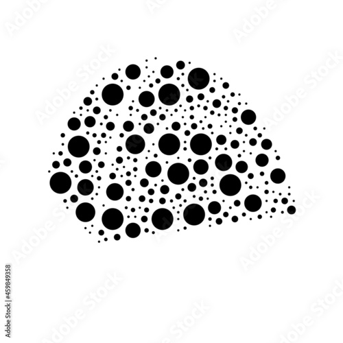 A large tourist tent in the center made in pointillism style. The center symbol is filled with black circles of various sizes. Vector illustration on white background