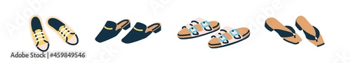 Summer female footwear set. Fashion open shoe pairs. Modern sneakers, trendy mules, women sandals and fashionable low-heel flip-flops. Doodle flat vector illustration isolated on white background