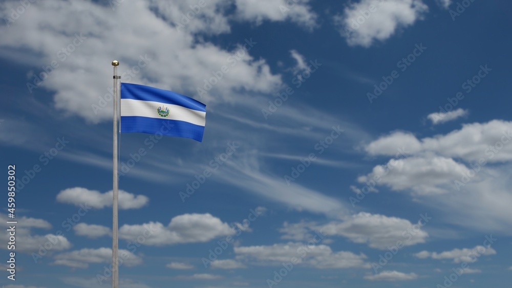 3D, Salvadorean flag waving on wind. Close up Salvador banner blowing soft silk. 3D, Salvadorean flag waving on wind. Close up Salvador banner blowing soft silk.