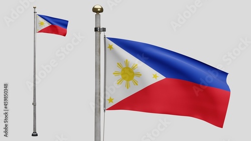 3D, Philippin flag waving on wind. Close up Philippine banner blowing soft silk