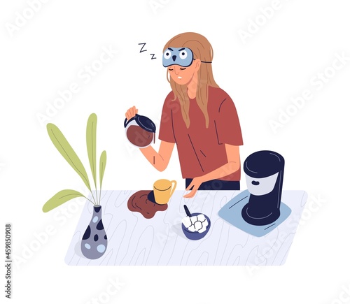 Sleepy person with spilled coffee in early Monday morning. Drowsy woman waking up and pouring coffe. Hard wakeup and lack of sleep concept. Flat vector illustration isolated on white background