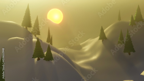 winter landscape with fir trees at sunset. 3d render illustration