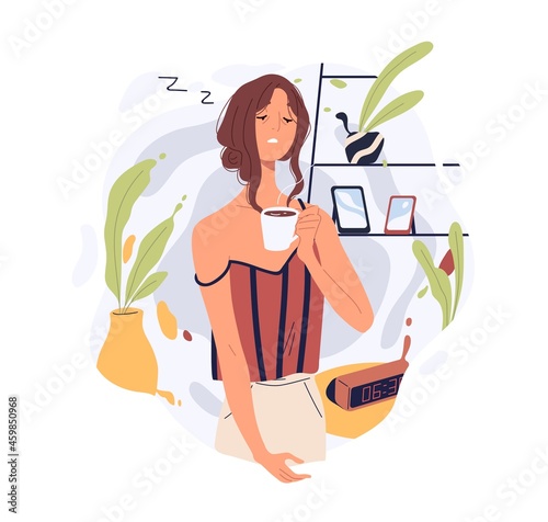 Sleepy tired person waking up with coffee cup. Drowsy woman with hot tea at home. Hard daily morning routine and early Monday wakeup concept. Flat vector illustration isolated on white background