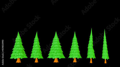 three-dimensional models of Christmas trees on a black background. 3d render illustration