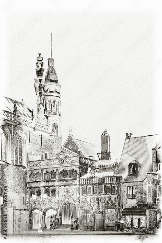 Bruges is the capital of the West Flanders province in northwest Belgium, Basilica of the Holy Blood in the square in the city center. Artwork, graphics, engraving.